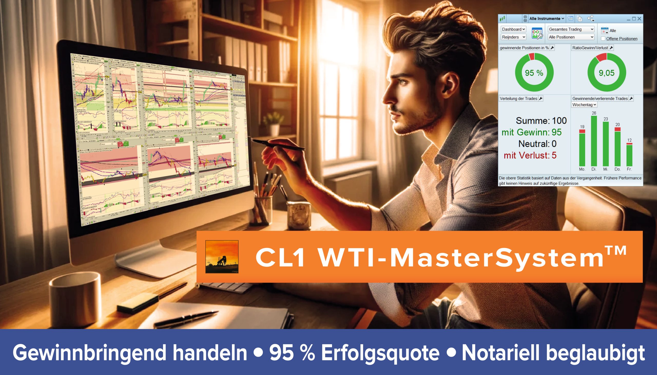 Das CL1 WTI-MasterSystem™ erzielt eine beeindruckende Erfolgsquote von 95 % – 95 von 100 abgeschlossenen Handelsentscheidungen waren profitabel. Diese Erfolgsquote wurde notariell beglaubigt und durch echte Handelspositionen auf einem Live-Konto mit realen Geldtransaktionen belegt. Lernen Sie, mit dem CL1 WTI-MasterSystem™ gewinnbringend zu handeln. Erzielen auch Sie außergewöhnliche Ergebnisse mit unserer profitablen Handelsmethode – ideal für alle, die den Einstieg in den WTI-Rohölhandel suchen. Lernen Sie, wie Sie erfolgreich und gewinnbringend handeln, um Ihre finanziellen Ziele sicher und planbar zu erreichen.